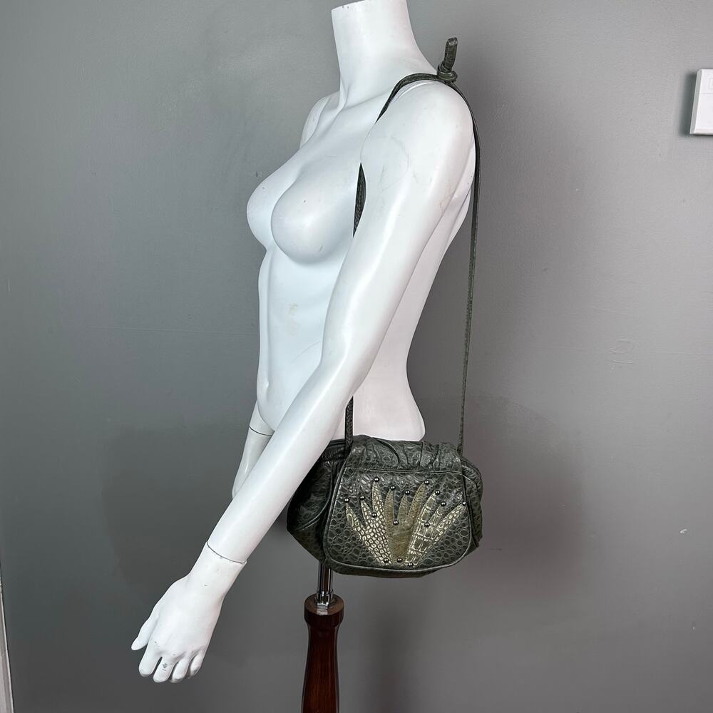 Vintage Shoulder bag leather patchwork 1920's Art Deco 80s green studded